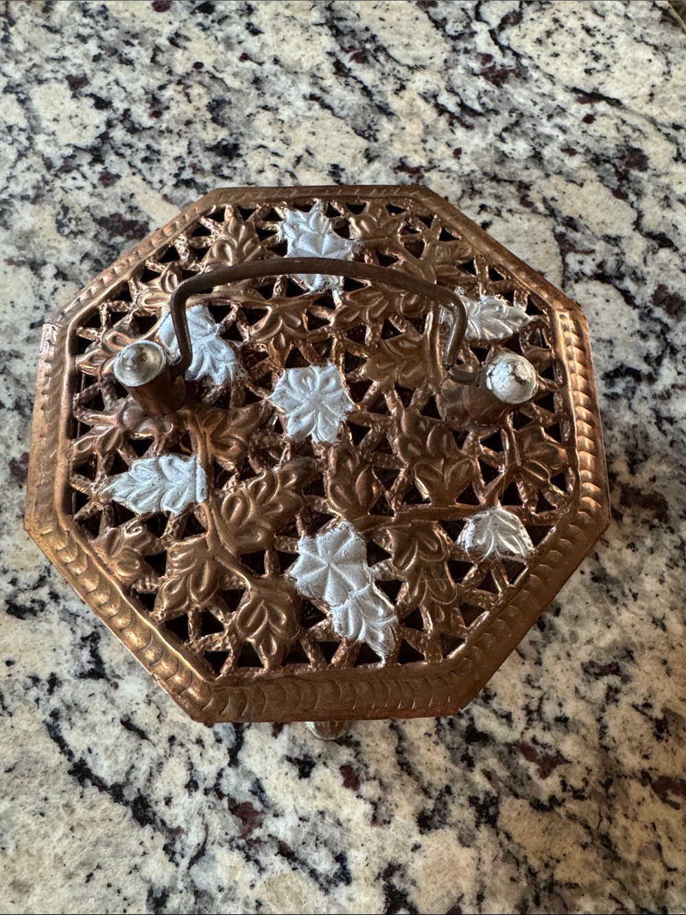 Octagonal Decorative Metal Trivet with Handle - Copper and Silver Tones